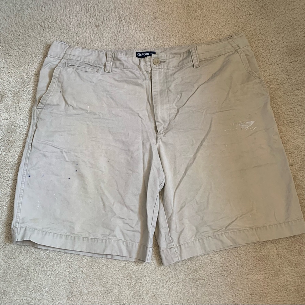 Cherokee Brand Tan Khaki Brown 100% Cotton Flat Front Shorts 9 in Inseam Sz 40